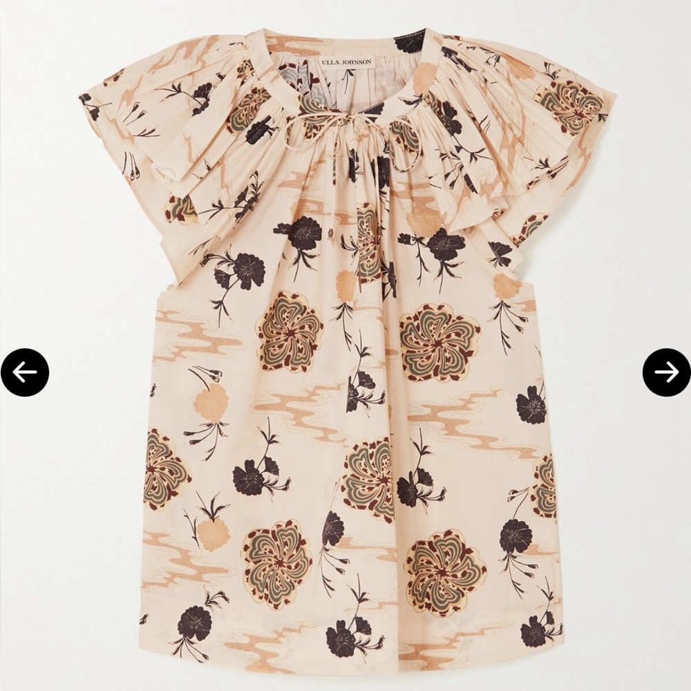 Ulla Johnson Floral Ruffle-Neck Blouse in Blush and Black